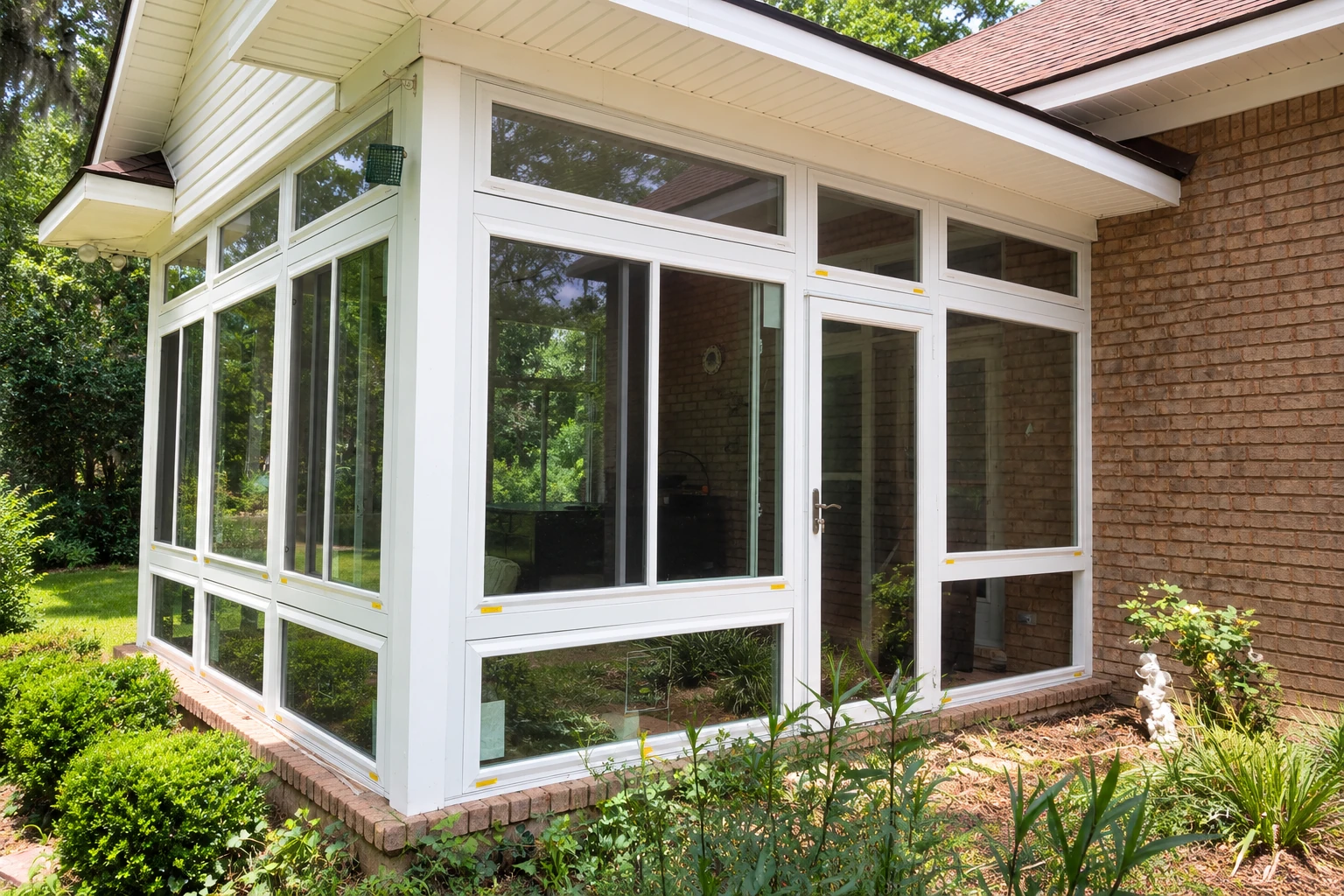 White-framed glass sunroom attached to a brick house, with a garden bed and shrubs along its base.