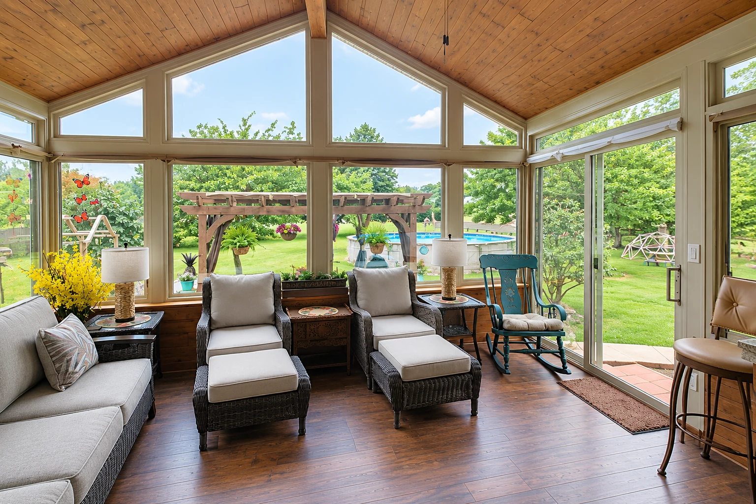 Custom sunroom with a vaulted wood ceiling, large windows and wicker seating overlooks a garden and pool.