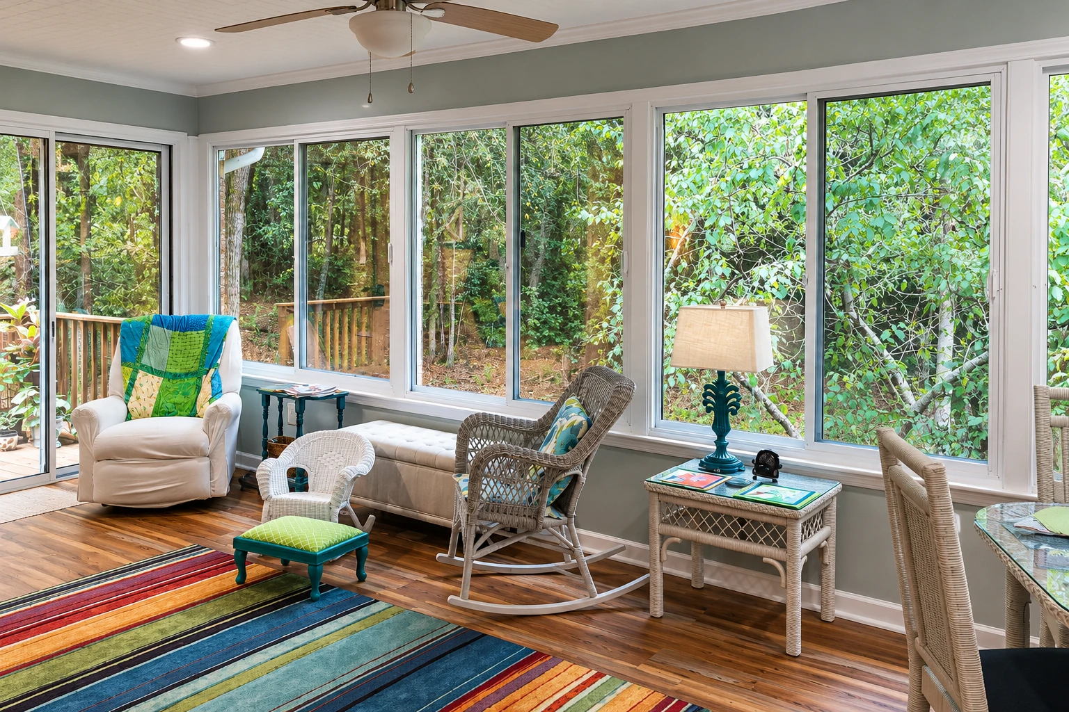 A bright sunroom with broad windows, wood floors and wicker seating overlooks dense green trees.
