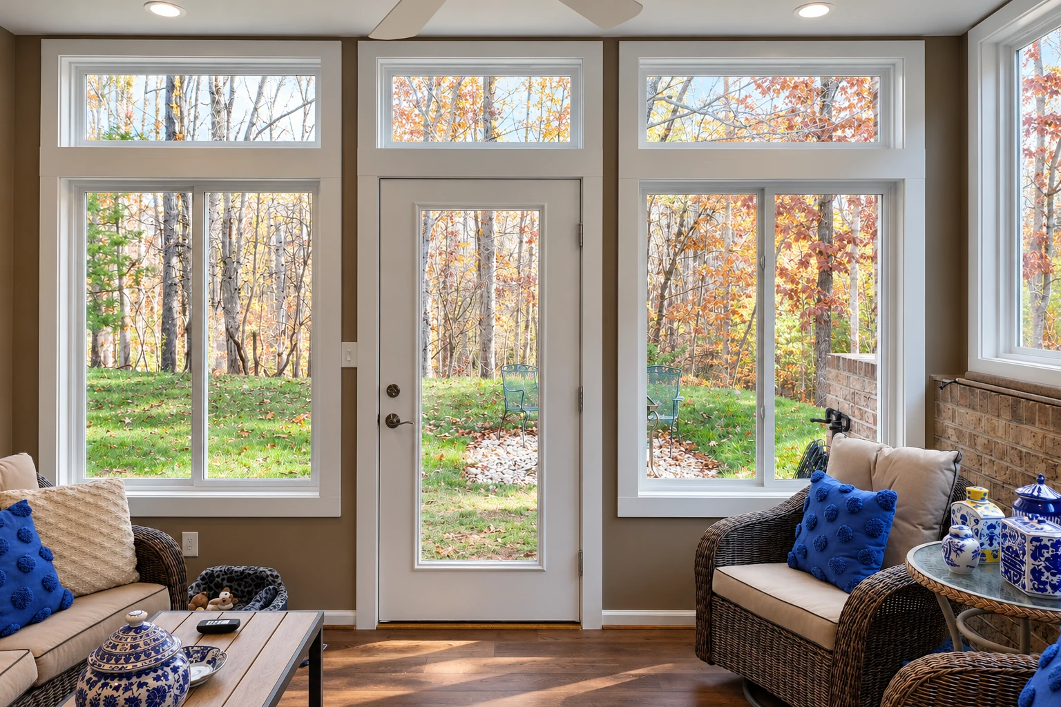 A finished sunroom interior has wicker seating, a central glass door, and large windows overlooking autumn trees.