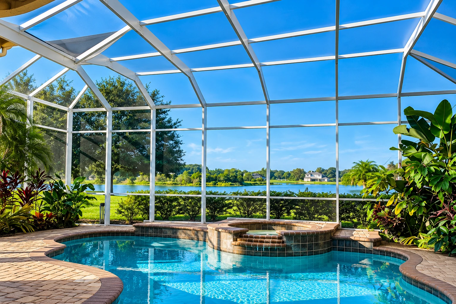 Screened patio enclosure around a swimming pool, with a white frame, tropical plants, and a lake beyond.