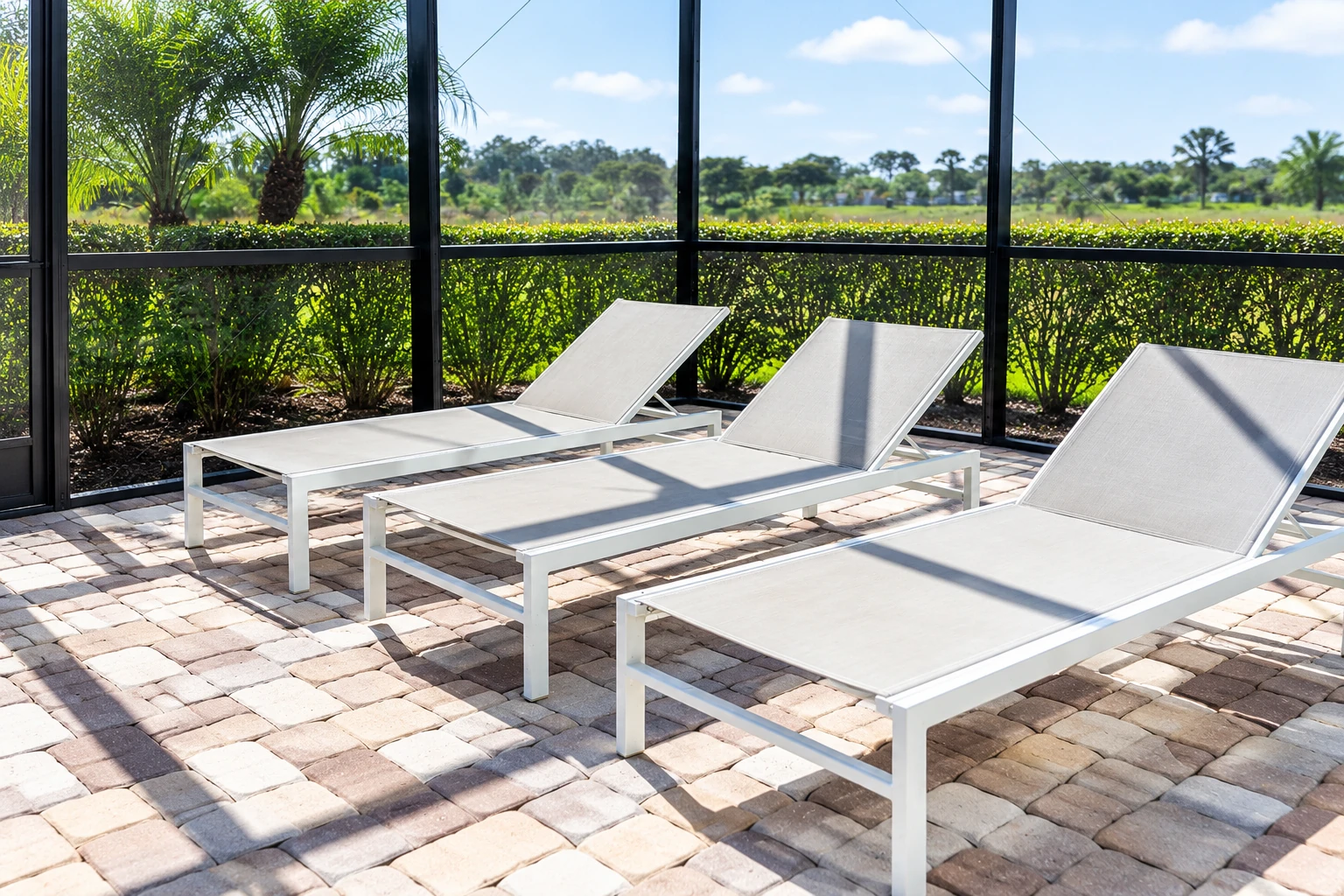 Enclosed patio with black-framed screens, three white chaise lounges, and a sunny garden beyond.