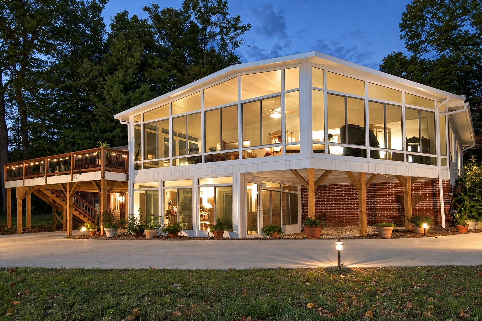 Two-story four-season sunroom with white-framed glass walls glows at dusk above a brick foundation and deck.
