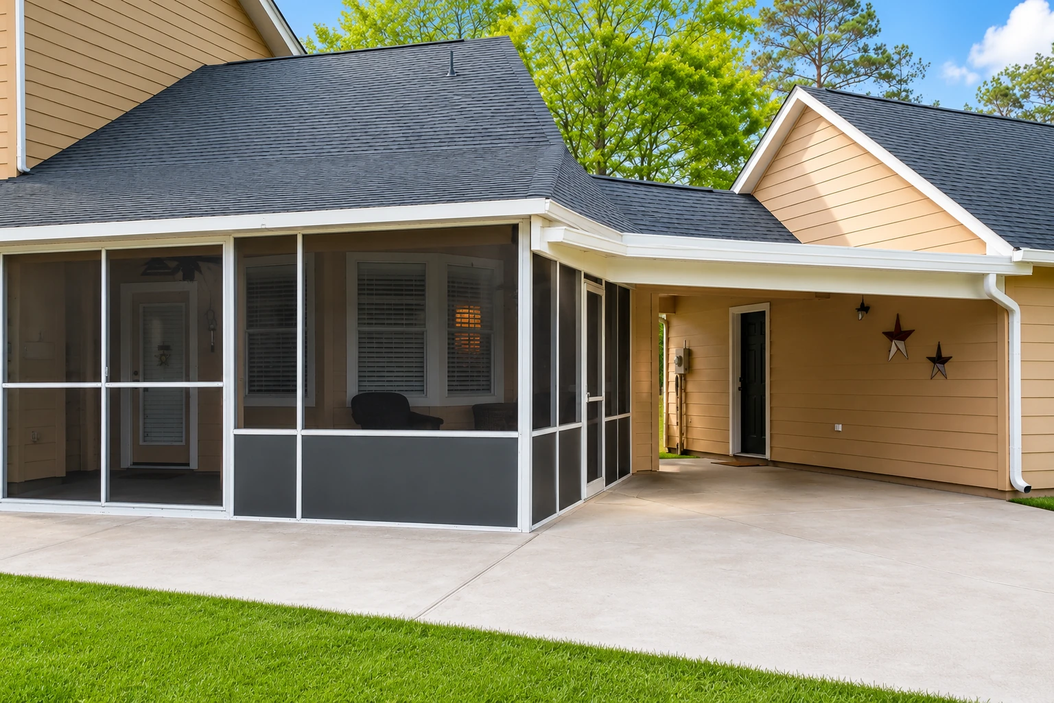 Screened patio enclosure attached to a tan house, with a dark shingled roof and a concrete floor.