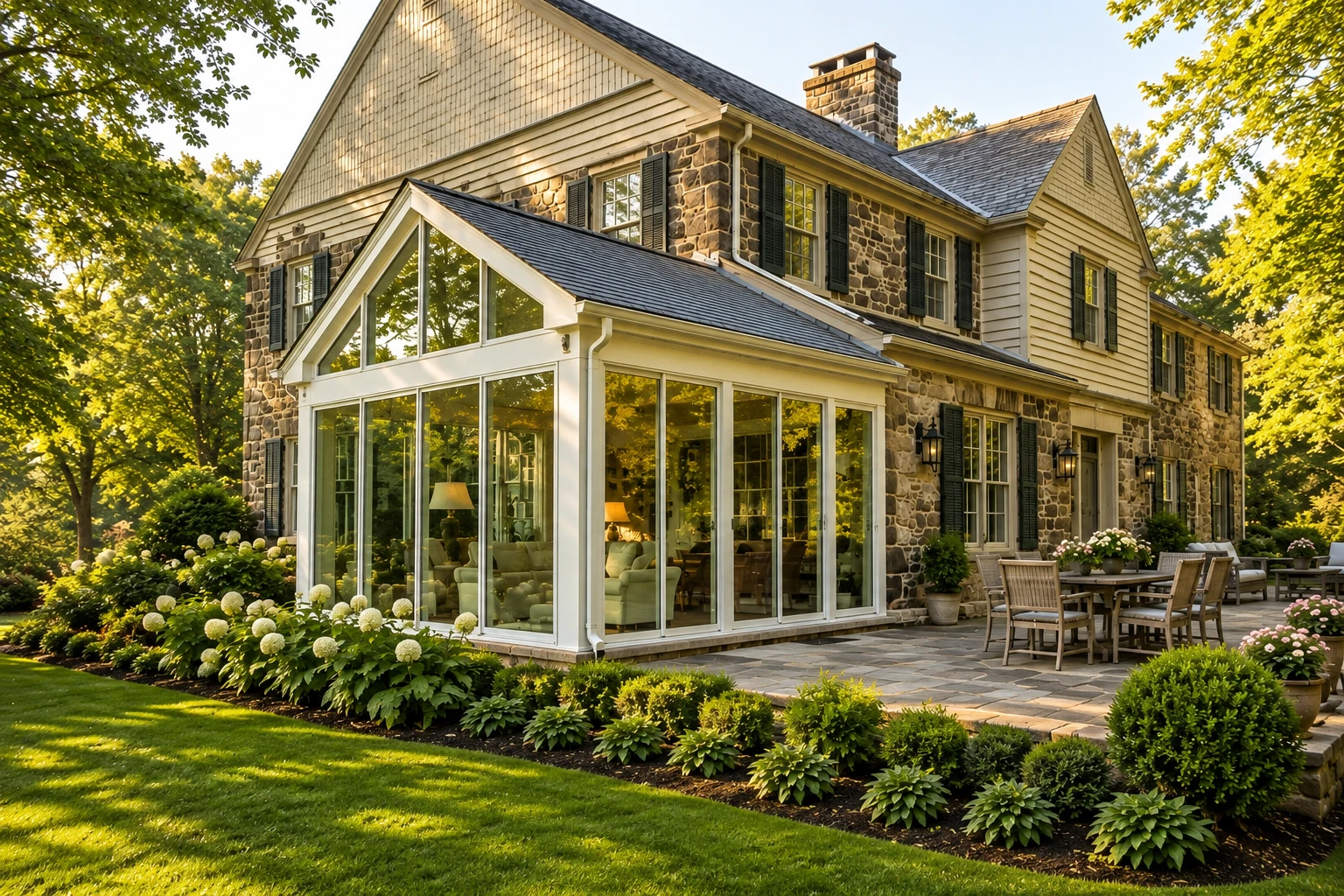 Glass patio enclosure with a peaked roof adjoins a stone-and-siding house beside a paved outdoor dining area.