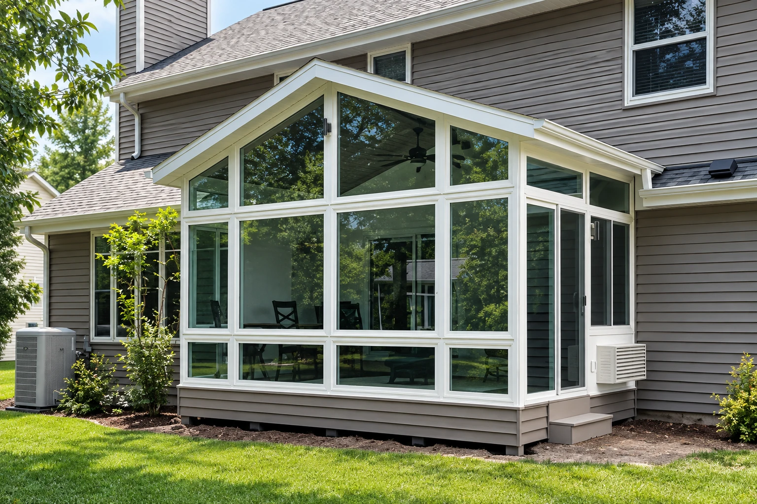 A white-framed glass sunroom with a peaked roof projects from a gray-sided house, surrounded by lawn and shrubs.