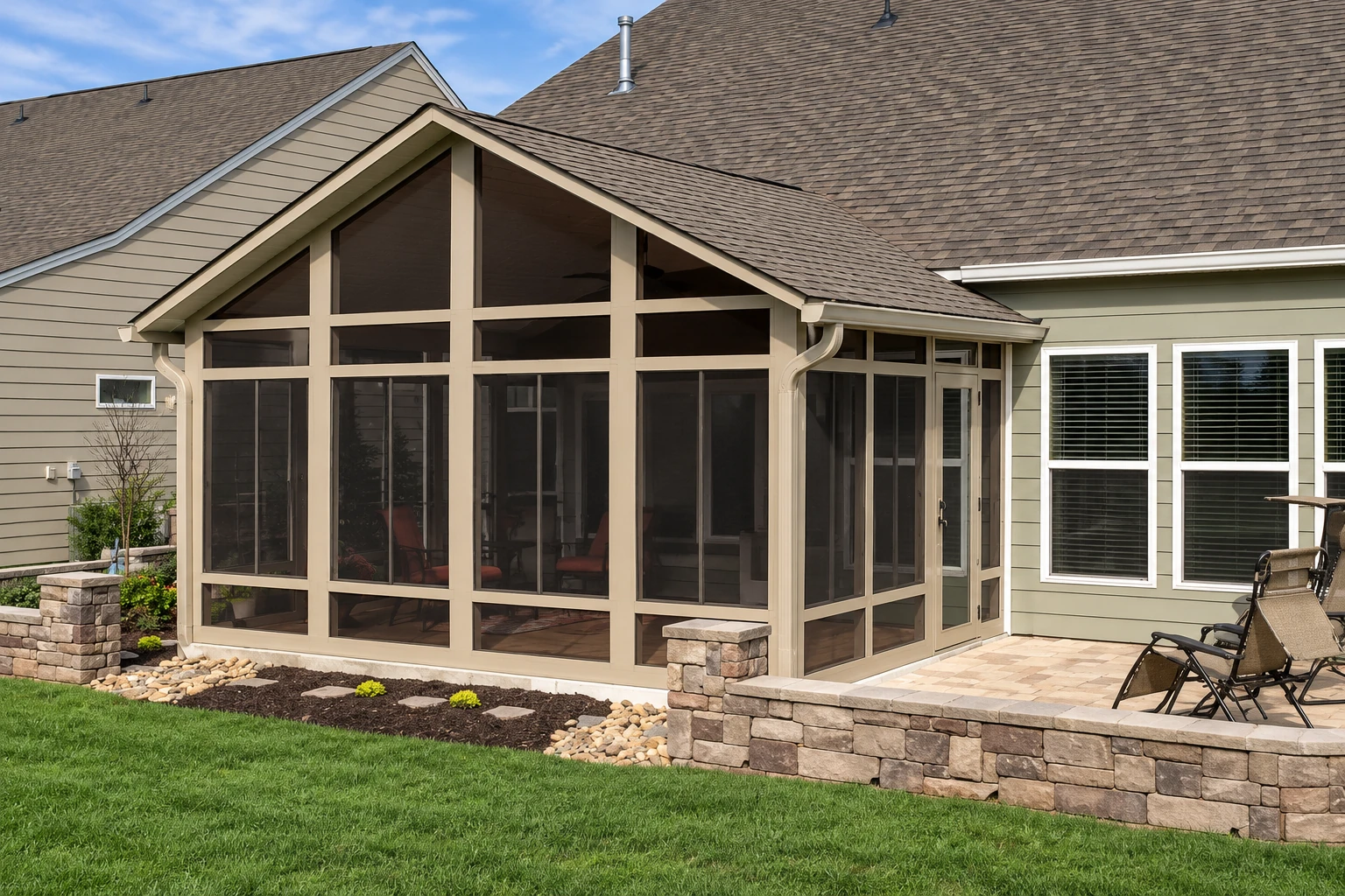 Screen room addition with tan framing and a peaked roof attached to a house beside a stone patio.