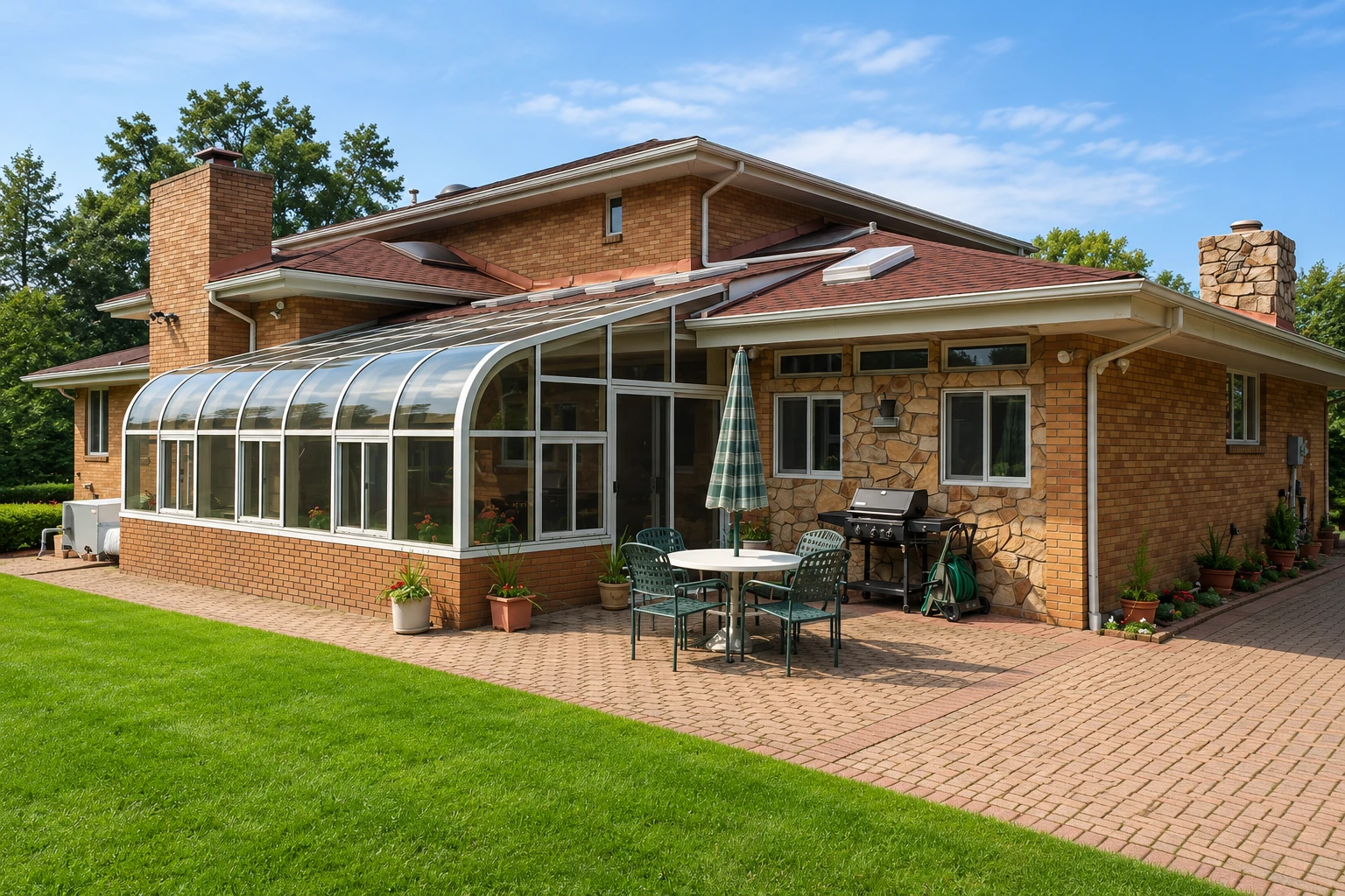 Brick house with a curved glass solarium addition and an outdoor dining area on the paved patio.