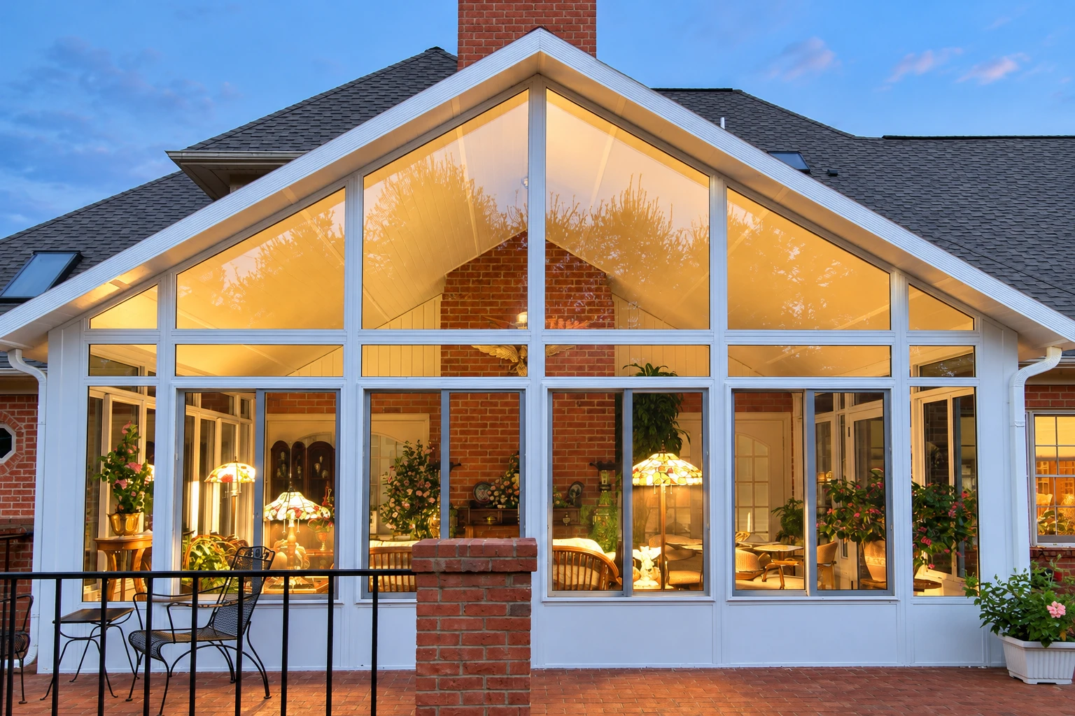 A glass solarium with a peaked roof glows warmly at dusk, with white framing, brick walls, and a brick terrace.