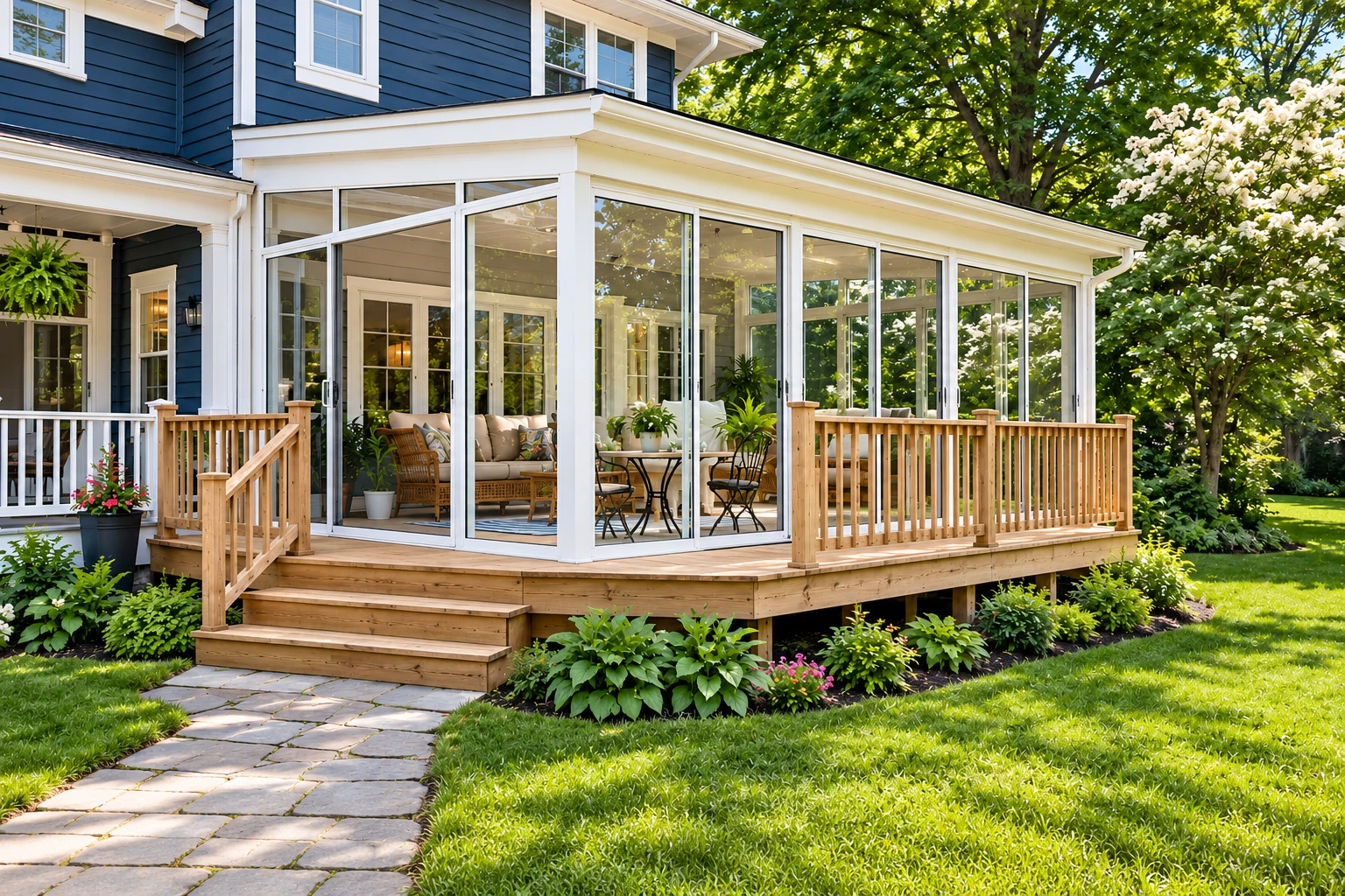 Sunroom addition with white-framed glass walls extends from a navy house onto a raised wooden deck and garden.