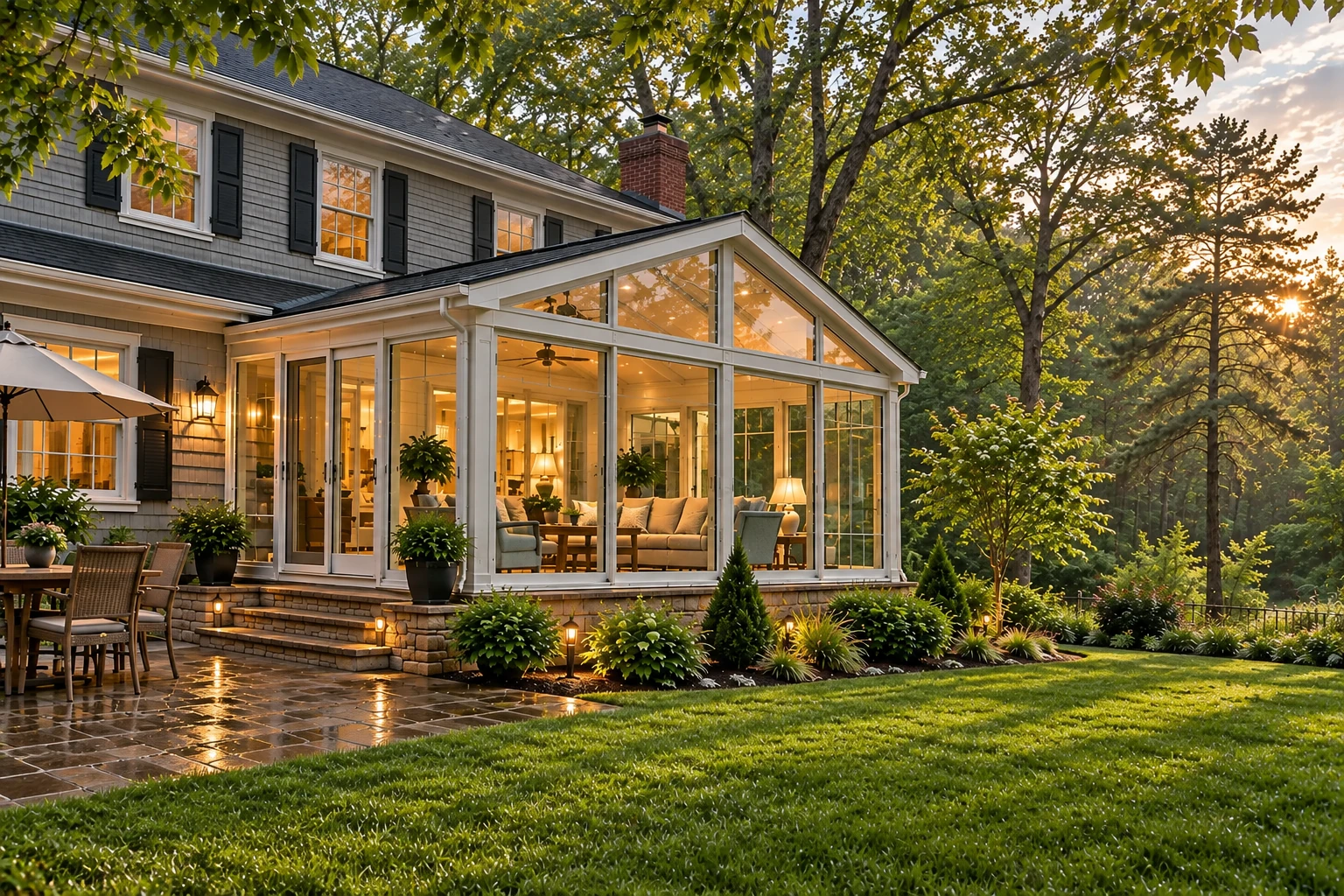 A white-framed sunroom addition glows at dusk beside a gray-shingled home, with stone steps, patio seating and a leafy yard.