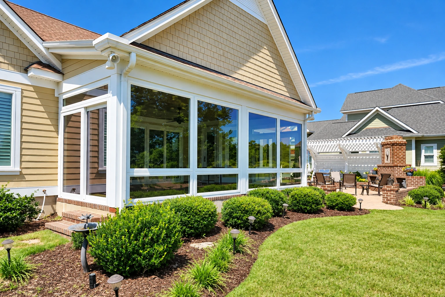 A yellow-sided home has a large white-framed sunroom addition with broad windows, beside a landscaped lawn and patio.
