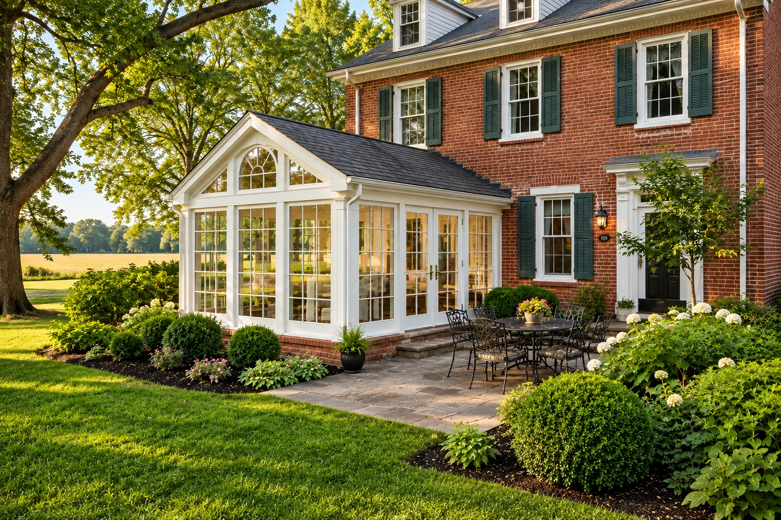 White-framed sunroom addition on a brick house, with a gabled roof, large windows, and a garden patio.