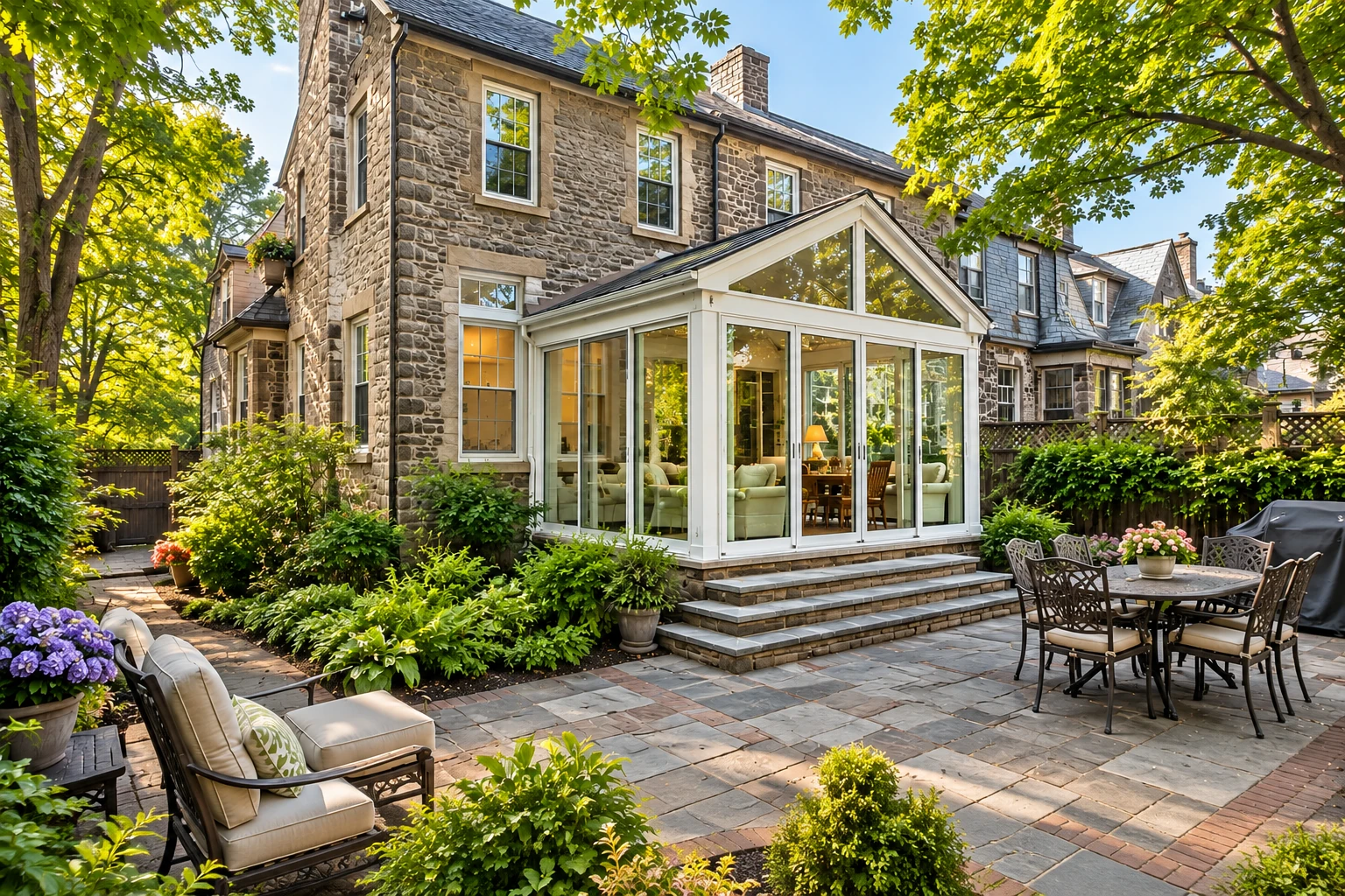 A white-framed glass sunroom extends from a stone house into a leafy garden with a paved patio and outdoor dining set.