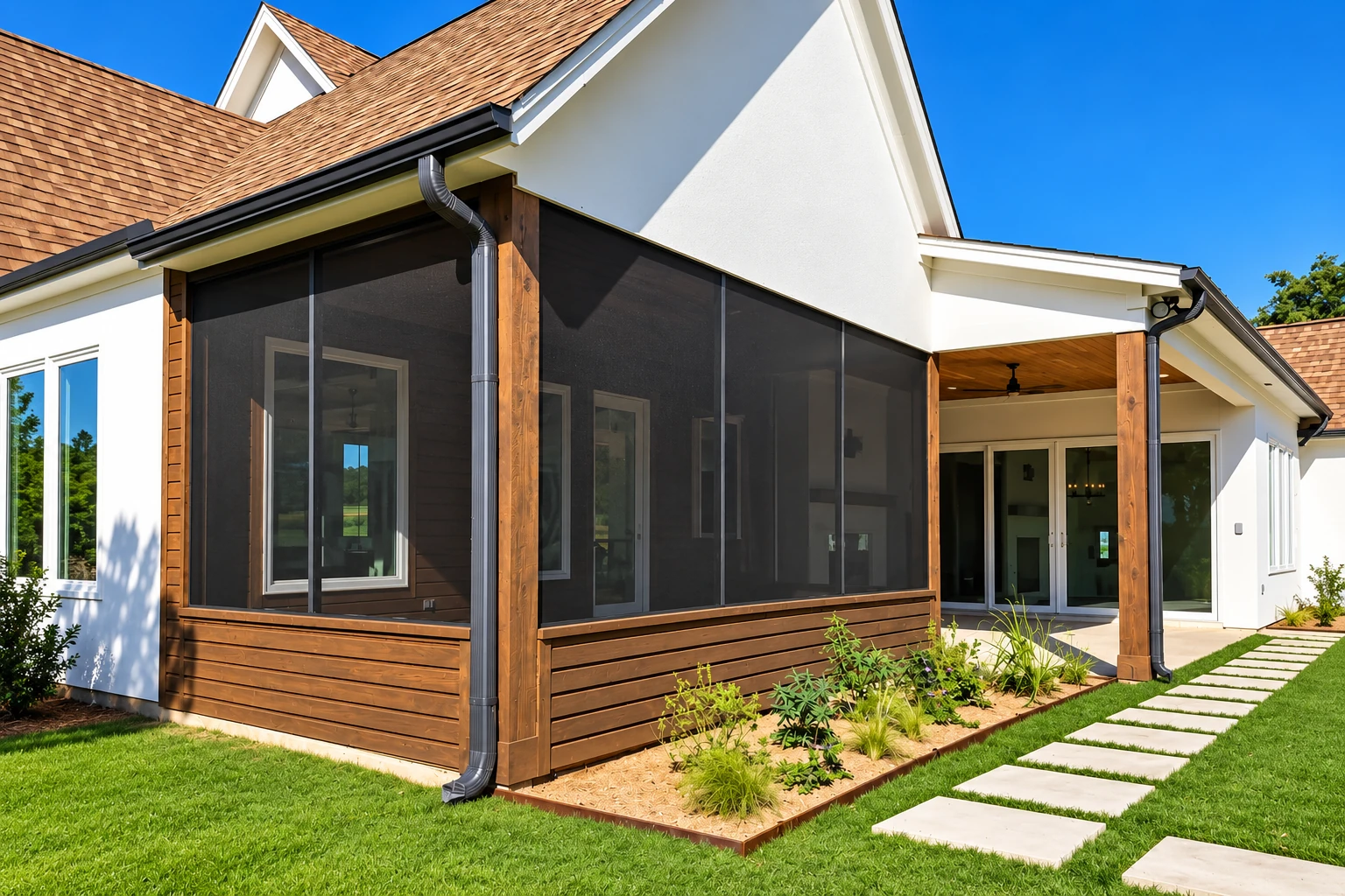 A dark-screened patio enclosure with warm wood framing extends from a white house beneath a bright blue sky.