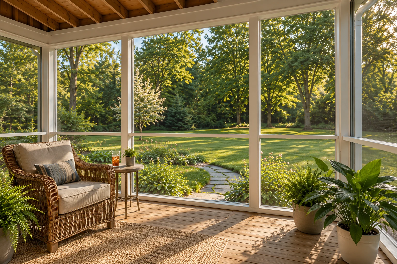 Three-season sunroom interior with screened windows, wicker seating and a wood ceiling overlooks a leafy garden.